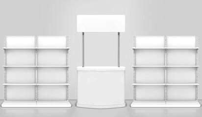 Product Display Stand Gondola Shelf, Counter Shelf Isolated on white Background. 3d, Render, Illustration
