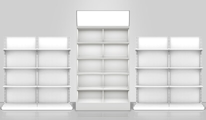 Product Display Stand Gondola Shelf Isolated on white Background. 3d, Render, Illustration