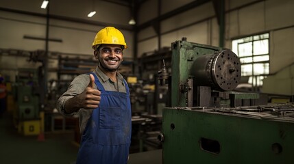 Indian male industrial worker giving a thumbs up while working on a green machine, positive gesture, factory environment, machinery in action