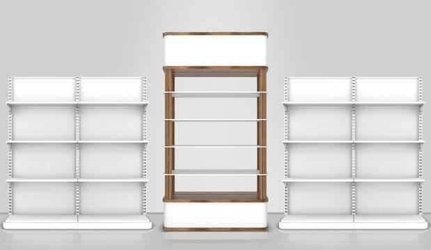 Product Display Stand Gondola Shelf Isolated on white Background. 3d, Render, Illustration