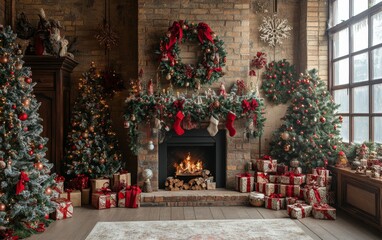 Festive Christmas fireplace Winter and Christmas holidays background