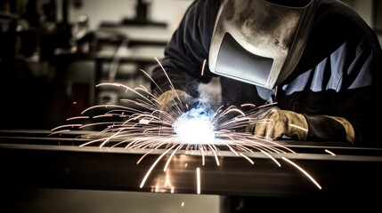 Industrial worker welding metal and sparks lighting up the scene as they hit the metal, industrial setting, metalworking, intense sparks