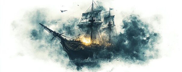 Fototapeta premium Pirate ghost ship, navigating through cursed waters, spectral glow, Watercolor style, isolated on white background