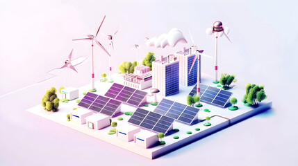 Renewable Energy Concept with Wind Turbines,Solar Panels,and Battery Storage System in a Modern Power Plant Layout with Sustainable Energy Sources
