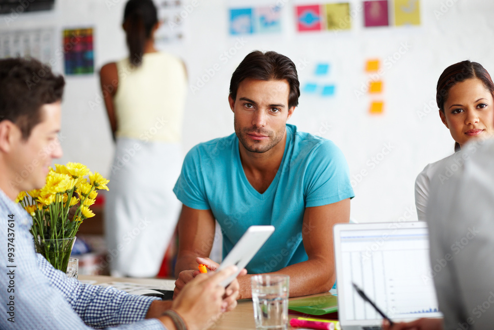 Aufkleber Business people, office and meeting with tablet and social media management with bored man. Working, planning and teamwork with web and collaboration of designer group with tech and SEO design