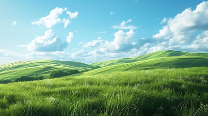 A serene landscape featuring rolling green hills under a blue sky with fluffy clouds.