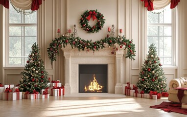 Festive Christmas fireplace Winter and Christmas holidays background