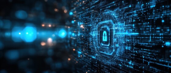Fototapeta premium A futuristic digital network with glowing blue lines and a central lock symbol, representing cyber security and data protection.