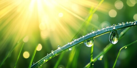 Close-up of dewdrop on a blade of grass in sunlight. 