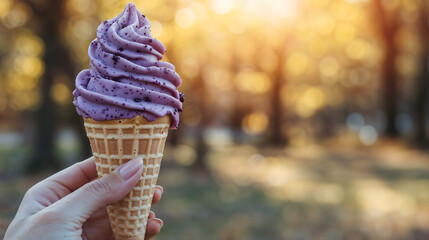 Blueberry ice cream cone held in hand, dappled park background, subtle golden light, autumn treat