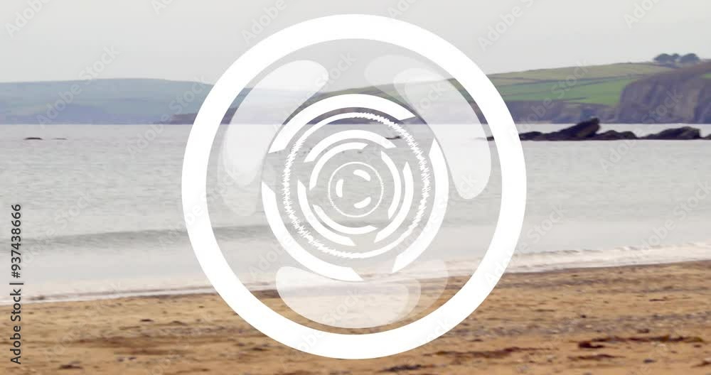 Poster spinning circular patterns animation over waves crashing on sandy beach