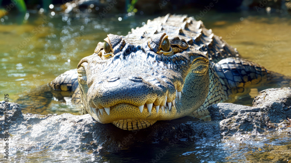 Wall mural Close-up of a crocodile's face, showing its sharp teeth and jaws.