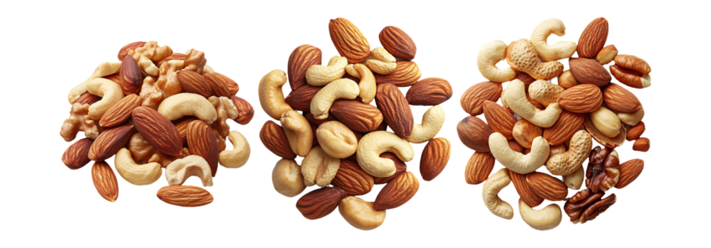 Assorted nuts set isolated on transparent background, mixed nuts collection for snacks and health