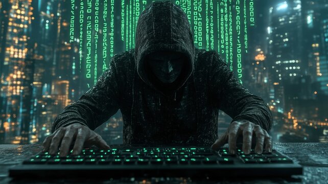 A mysterious hacker in a dark hoodie types on a glowing keyboard against a backdrop of cascading green code.