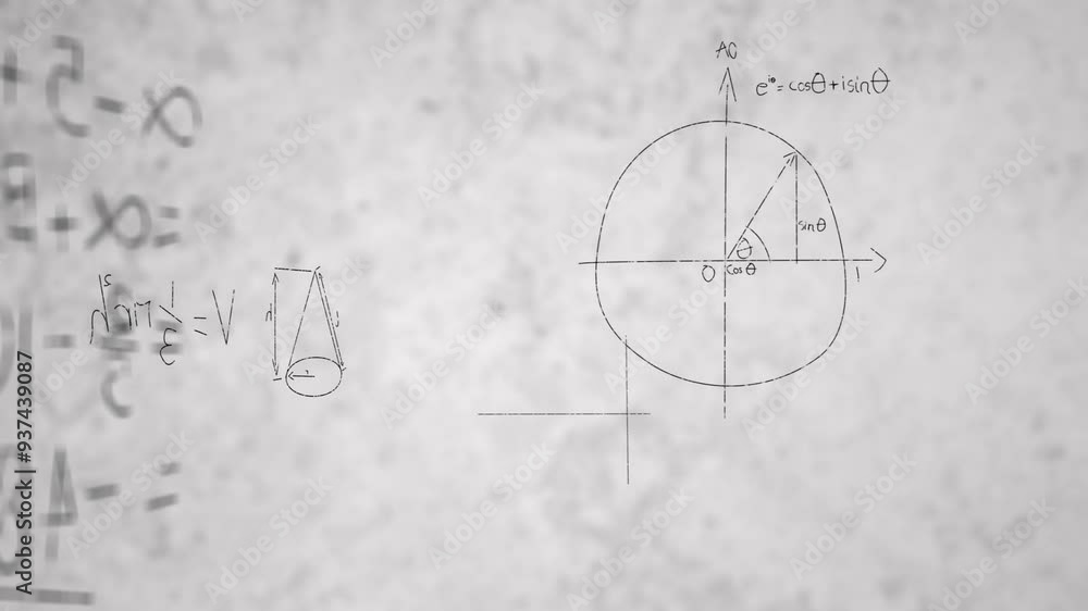 Poster animating mathematical diagrams and equations over textured background