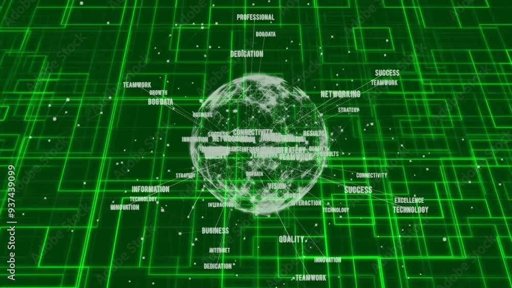 Poster animation of global network and business terms over green digital grid background