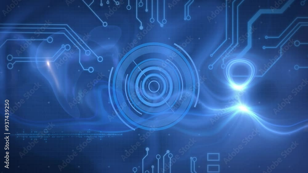 Poster digital circuit board and futuristic interface animation over blue background