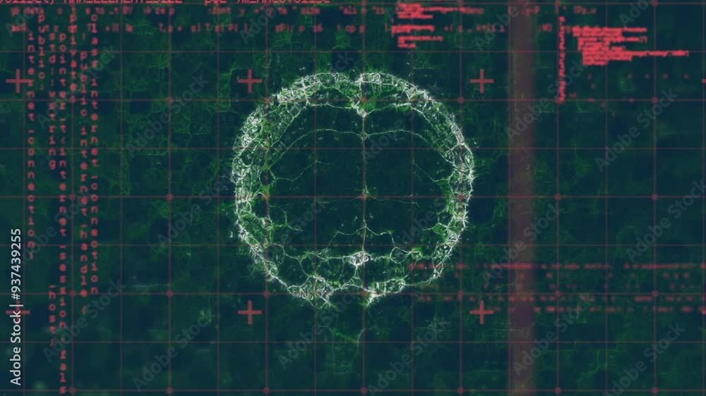 Poster digital brain with neural network animation over green grid background with red data