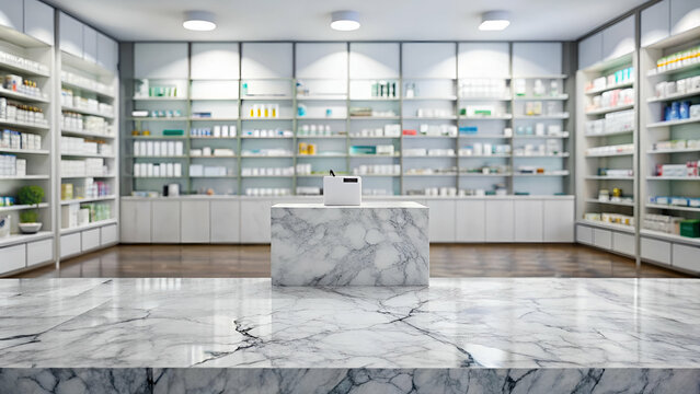 Clean and modern pharmacy interior with well-stocked shelves and a marble countertop.
Professional pharmacy environment featuring neatly organized