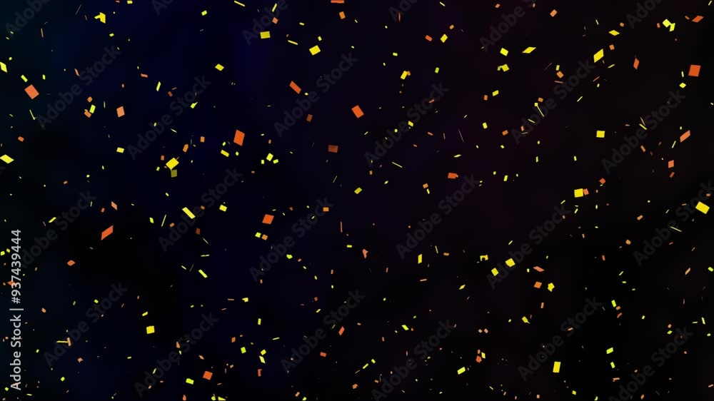 Poster falling colorful confetti animation on dark background, creating festive atmosphere