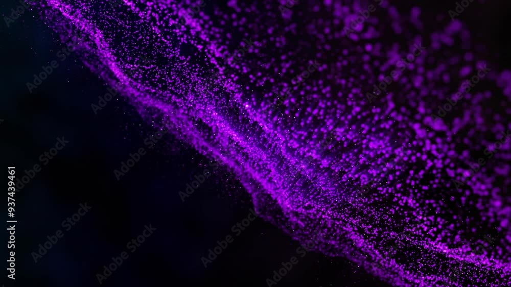 Poster forming wave patterns, purple particles in abstract digital animation