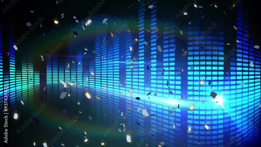 Poster equalizer bars and confetti animation on dark background, creating lively atmosphere