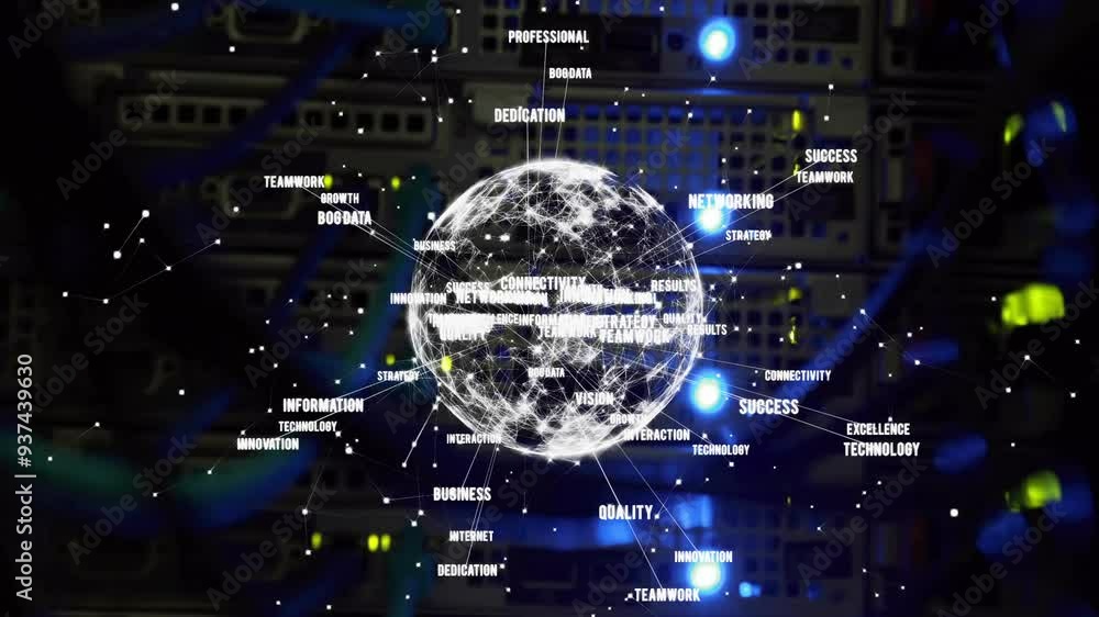Poster glowing globe with interconnected words like success and innovation in network animation