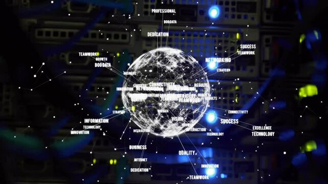 Glowing globe with interconnected words like success and innovation in network animation