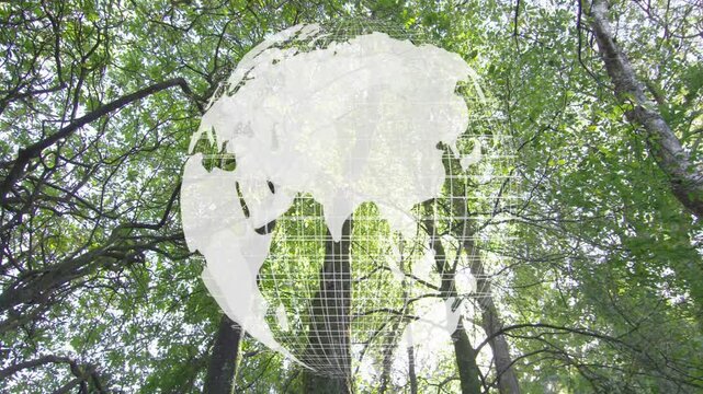 Animating globe over lush green forest trees, showcasing environmental conservation