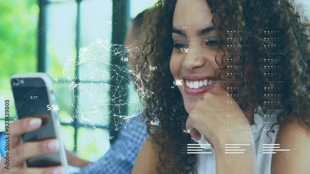 Aufkleber smiling woman using smartphone with digital data processing animation over her