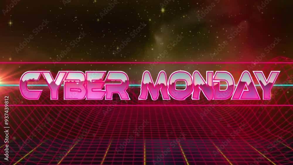 Poster cyber monday text animation over retro grid and starry sky background