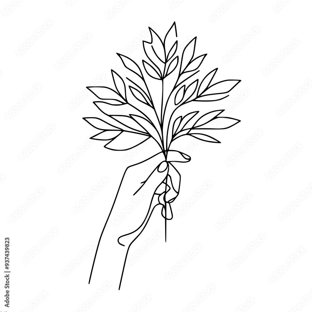 Poster simple linear vector drawing of a stylized female hand with a tree branch with leaves on a white bac