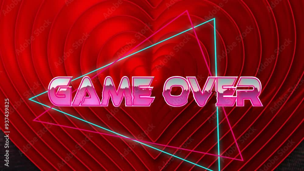 Aufkleber game over text animation over red heart shapes with neon triangle outlines