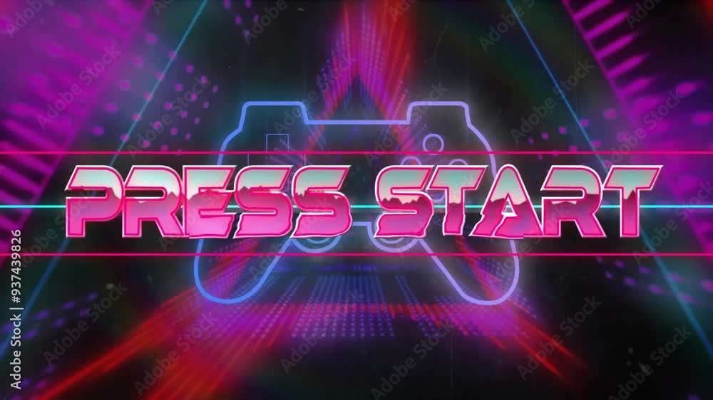 Aufkleber press start text animation over neon game controller with colorful lights
