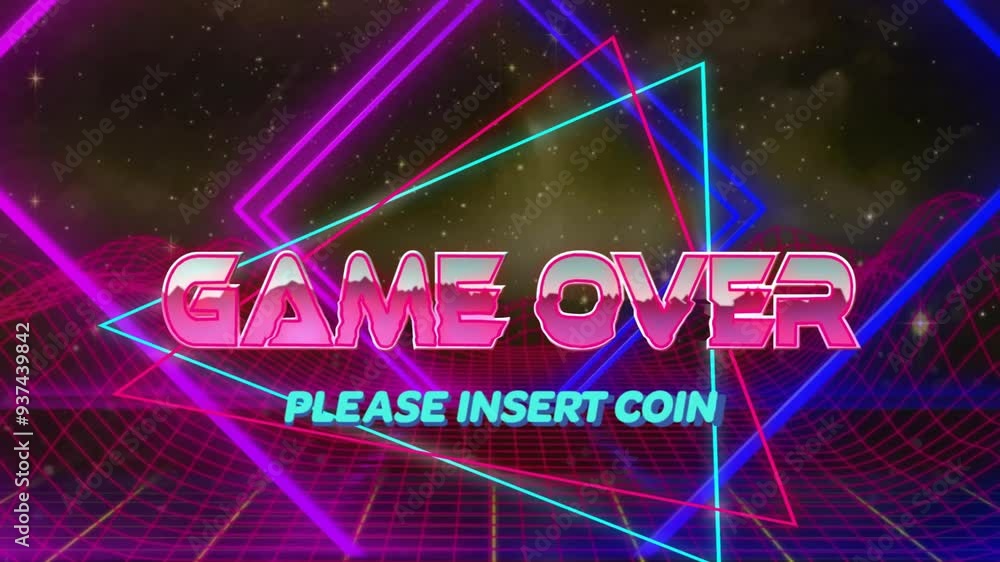 Poster game over text animation with 'please insert coin' over neon geometric shapes