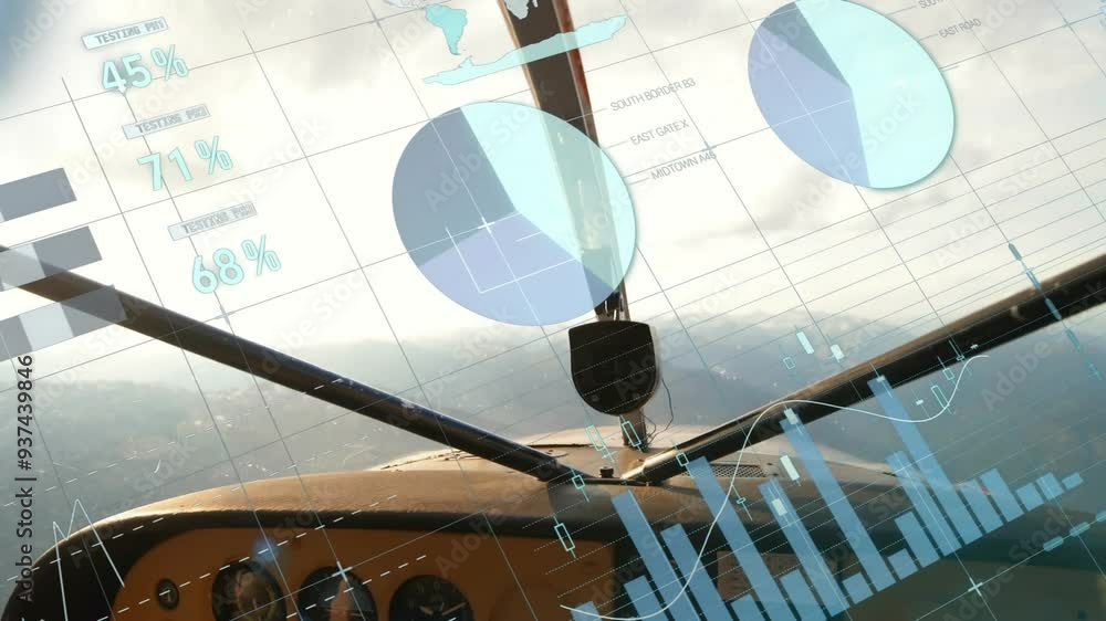 Poster graphs and charts animation over cockpit view of flying airplane