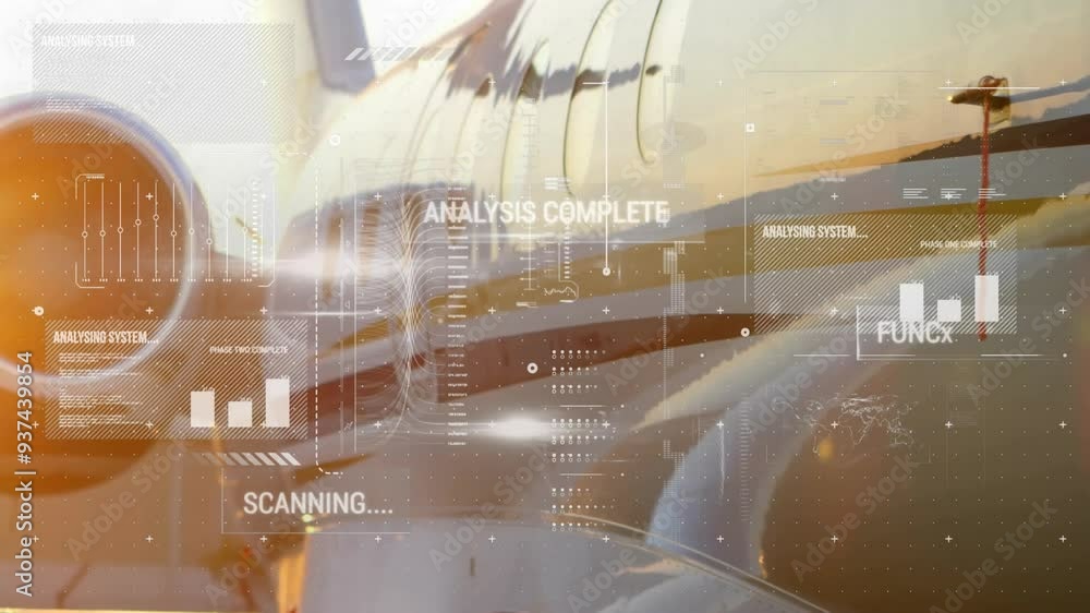 Poster aircraft engine with data analysis and scanning animation over it