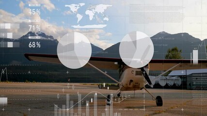 Charts and graphs animation over small airplane parked near mountains - Powered by Adobe
