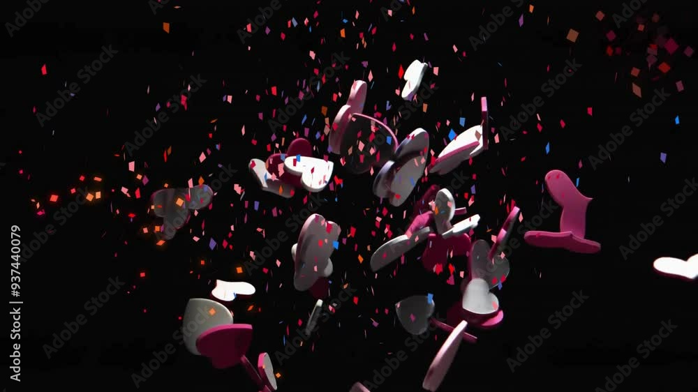 Poster colorful confetti and abstract shapes floating in dark space animation