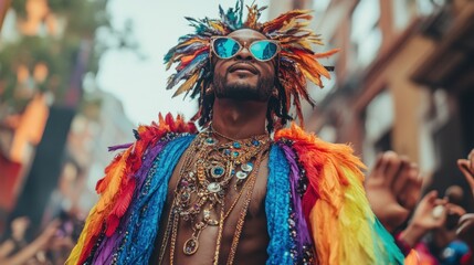 Fototapeta premium Proudly Radiant: LGBTQ+ Performer Sparkling at Pride Event with Colorful Attire and Charismatic Presence