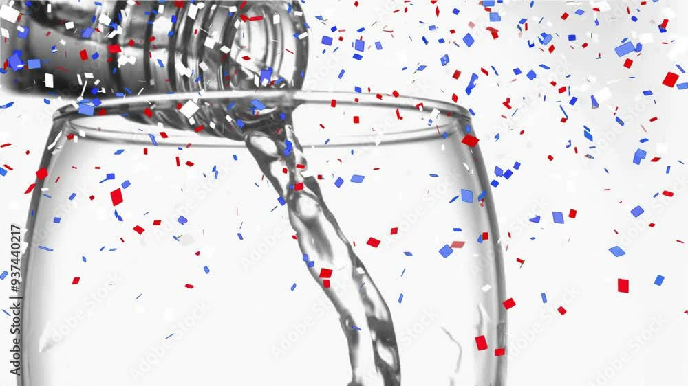 Poster Pouring water into glass with red, white, and blue confetti animation