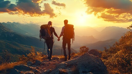Obraz premium Adventure Awaits: A Couple of Hikers Holding Hands on a Sunset Mountain Trail – Perfect for Sporty Home Decor or Inspiring Adventure Posters