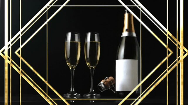 Champagne bottle and glasses with geometric shapes animation on black background