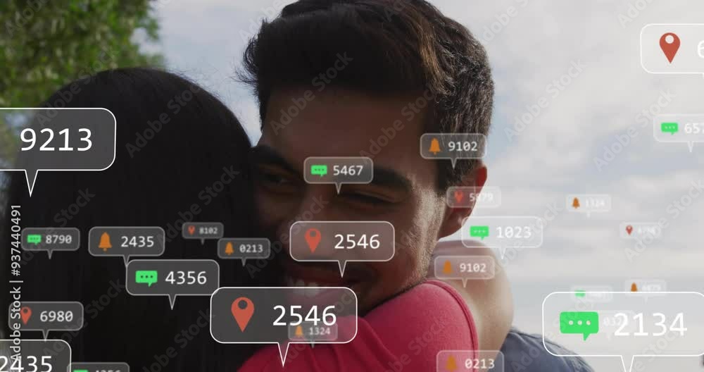 Poster hugging couple with location and notification icons animation over their image