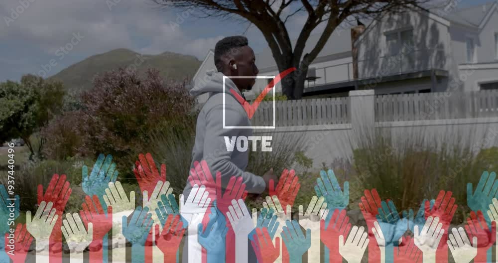 Poster running in neighborhood, person with vote text and checkmark animation over colorful hands