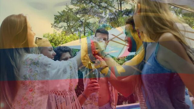 Celebrating with drinks, friends outdoors over ecuador flag animation