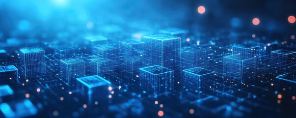 Obraz premium Abstract digital technology background with glowing cubes and data particles, representing innovation and advancements in technology.