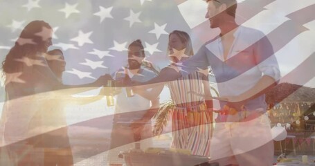 American flag animation over friends toasting drinks at beach party - Powered by Adobe