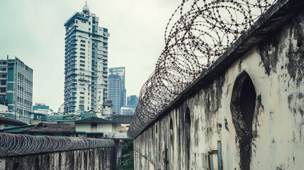 A barbed wire-topped wall juxtaposed with an urban skyline, highlighting contrasts between security measures and city development.