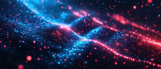 Fototapeta premium Abstract representation of light waves with vibrant blue and red colors, creating a dynamic and immersive background effect.